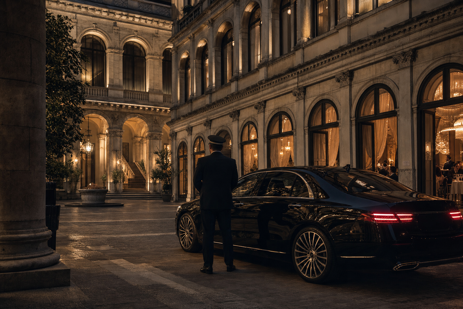 Private arrival at an Italian palazzo courtyard for a dining journey