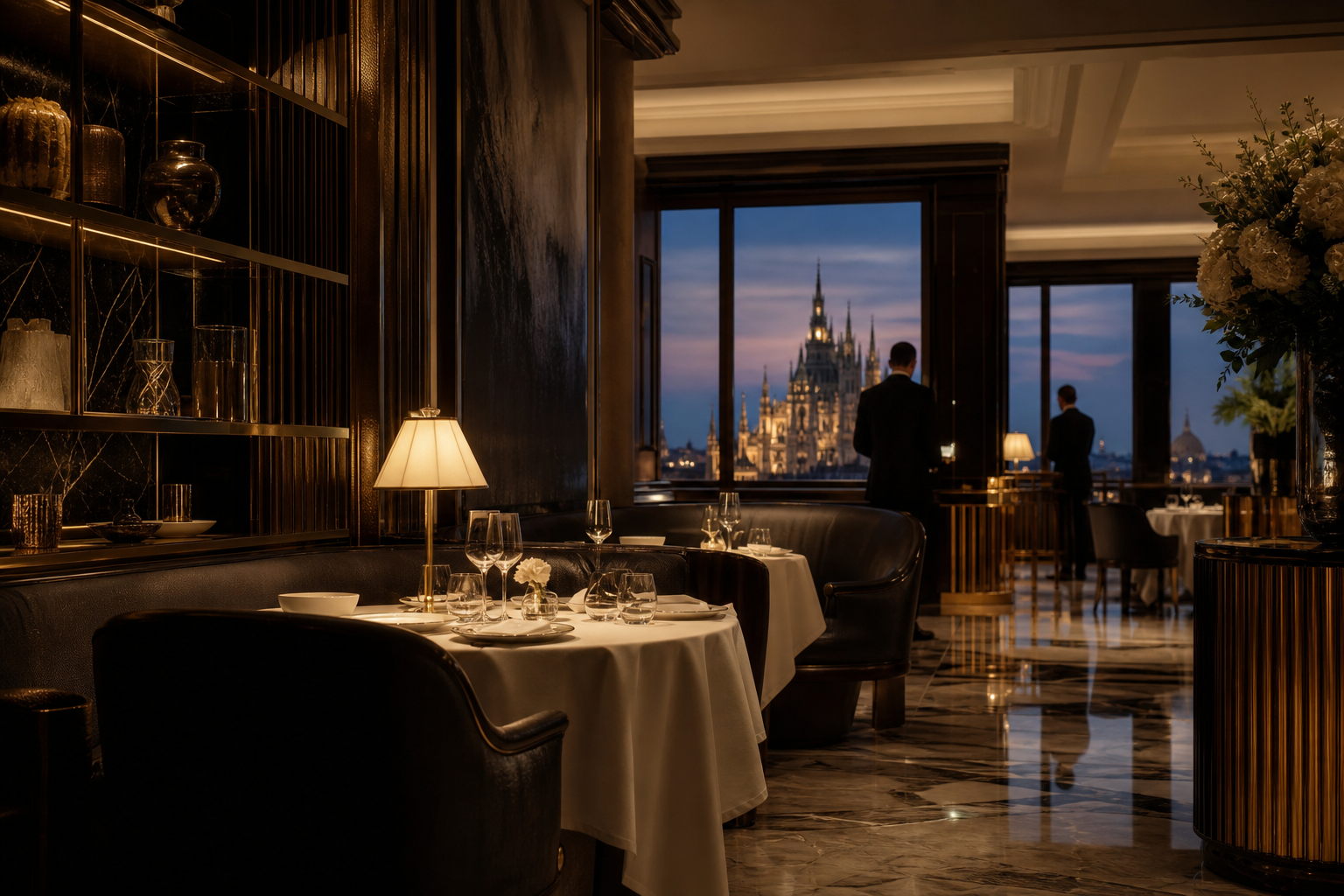Private fine dining room in Milan with architectural evening light
