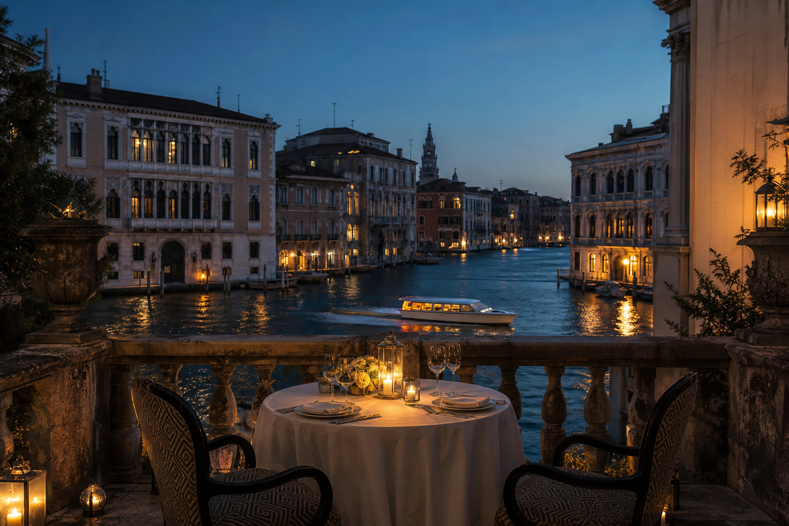 Venice palace terrace with Grand Canal evening atmosphere