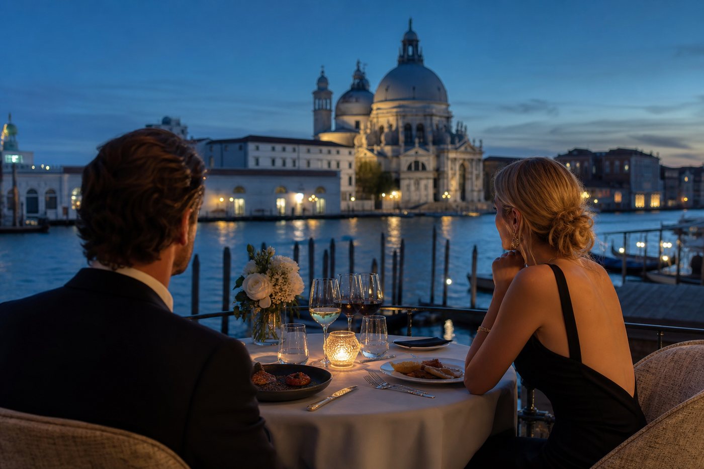 Venice lagoon fine dining with Santa Maria della Salute at blue hour