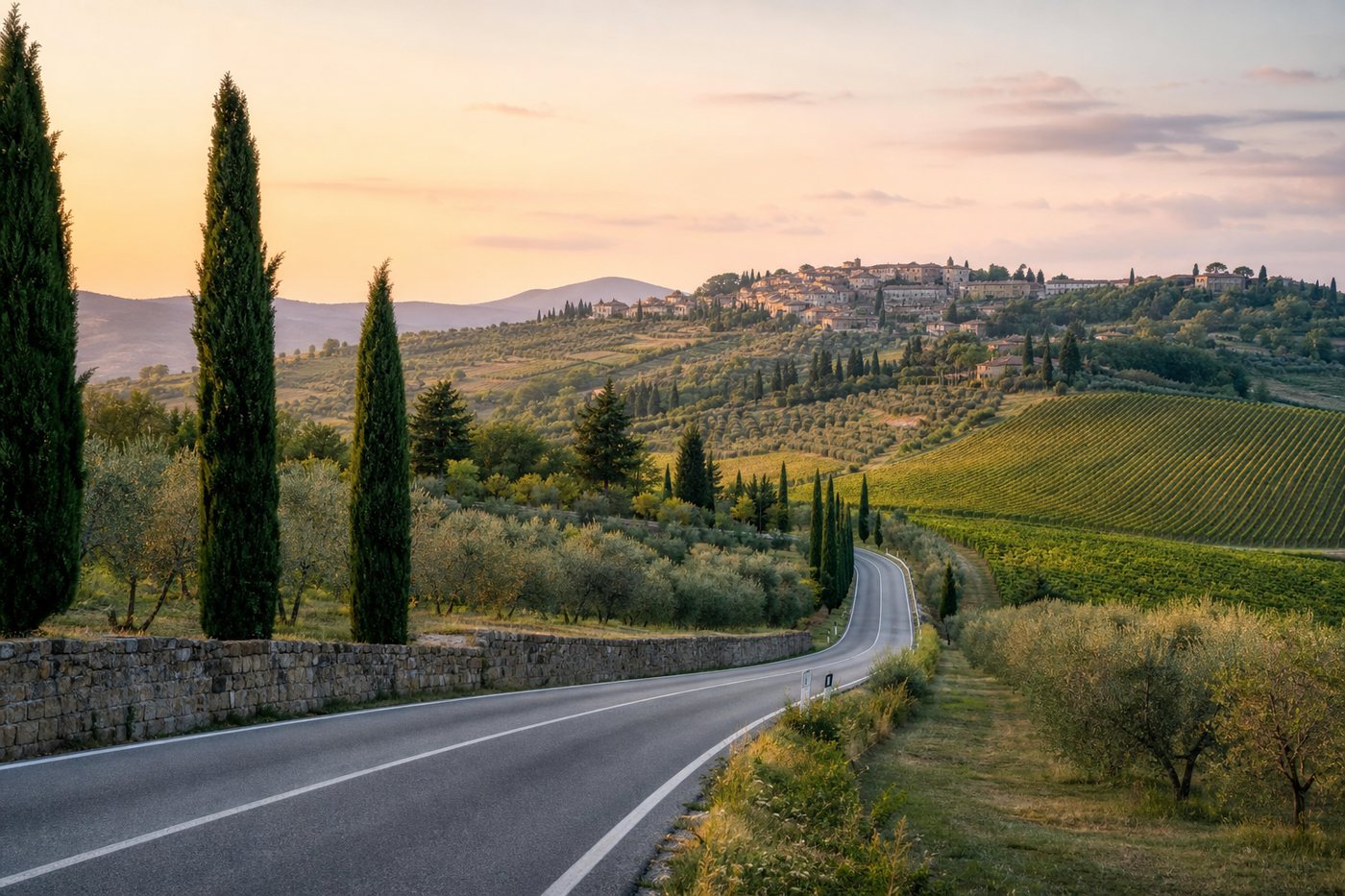 Chianti countryside road near Greve with vineyards and cypress trees