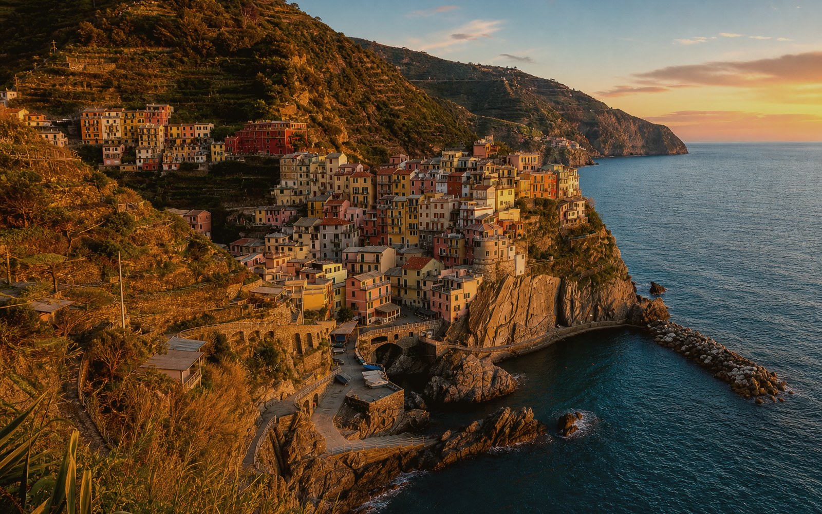 Cinque Terre cliffside villages at golden hour, France and Italy Grand Tour