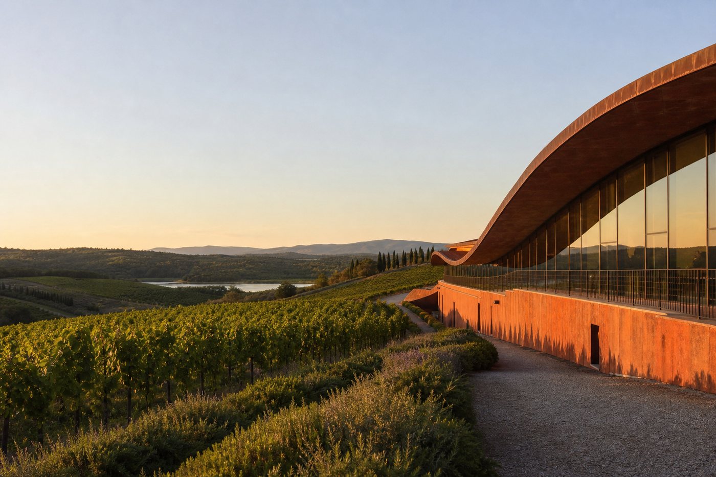 Antinori nel Chianti Classico winery in Bargino at golden hour
