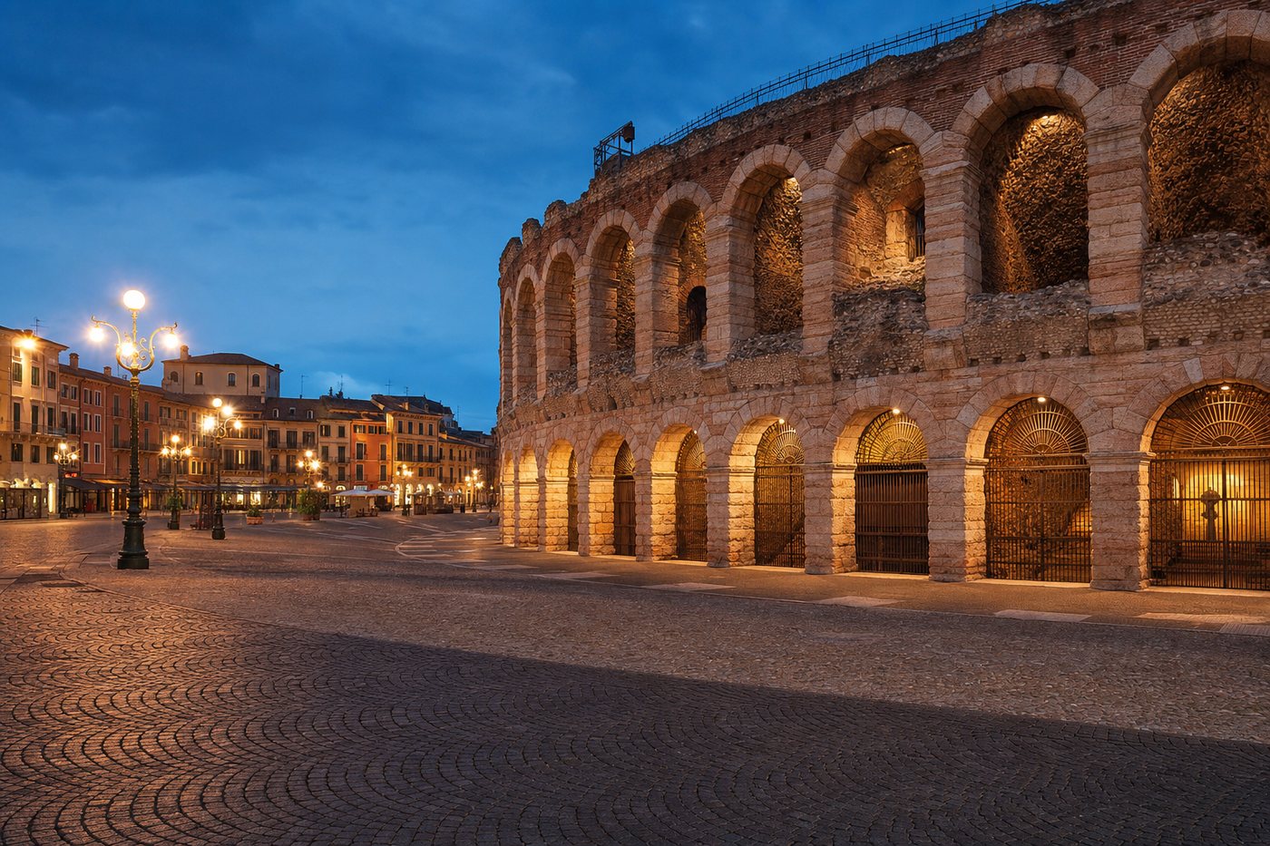 Verona Arena in Piazza Bra at blue hour for La Dolce Vita