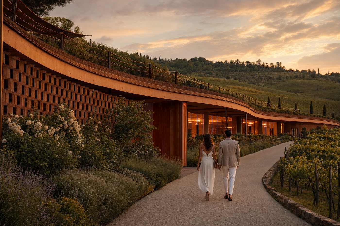 Couple arriving at Antinori nel Chianti Classico winery in Bargino