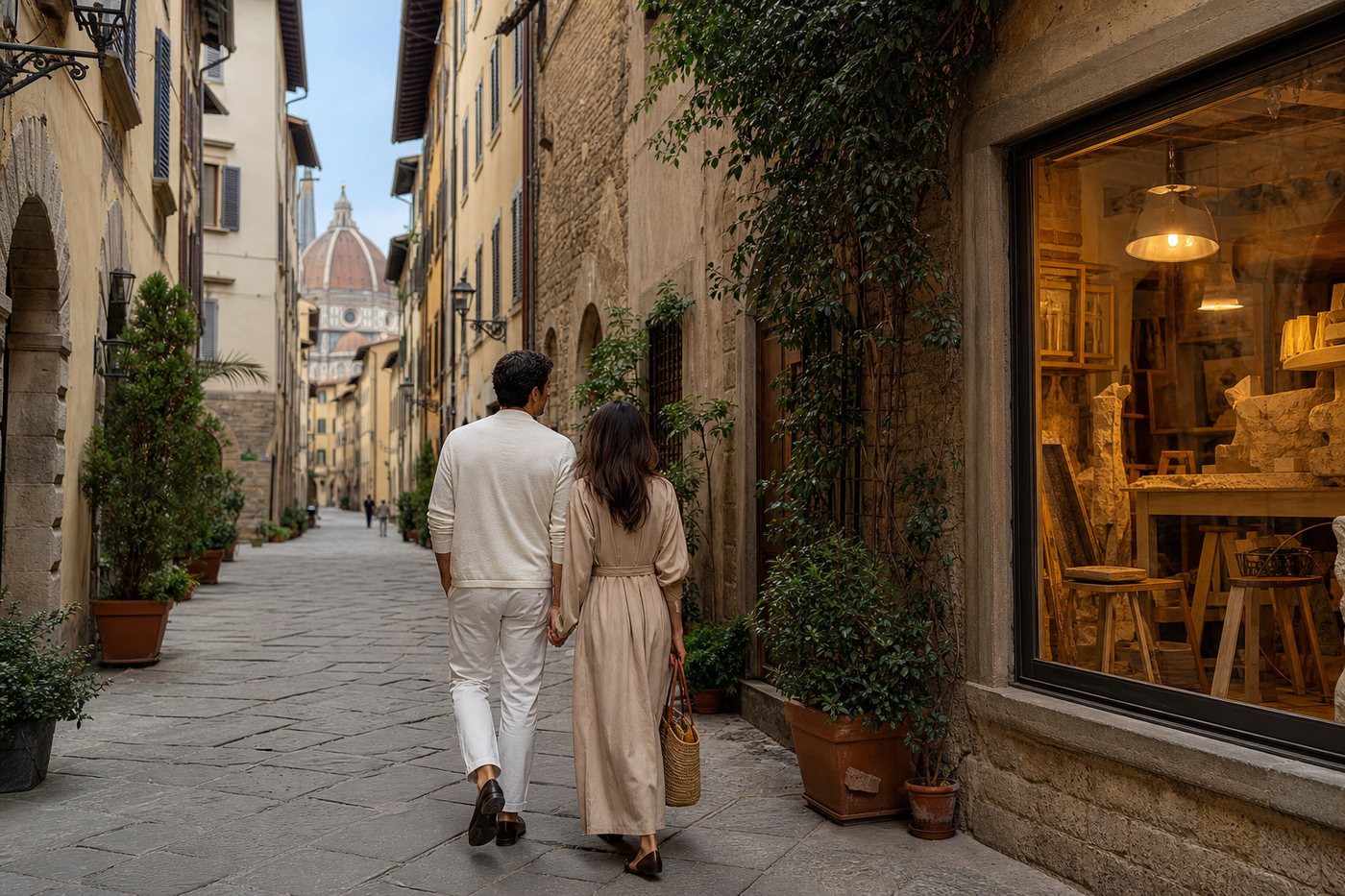 Elegant travelers in a Florence artisan street near Oltrarno