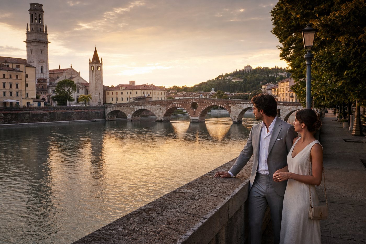 Couple by the Adige river in Verona at sunset