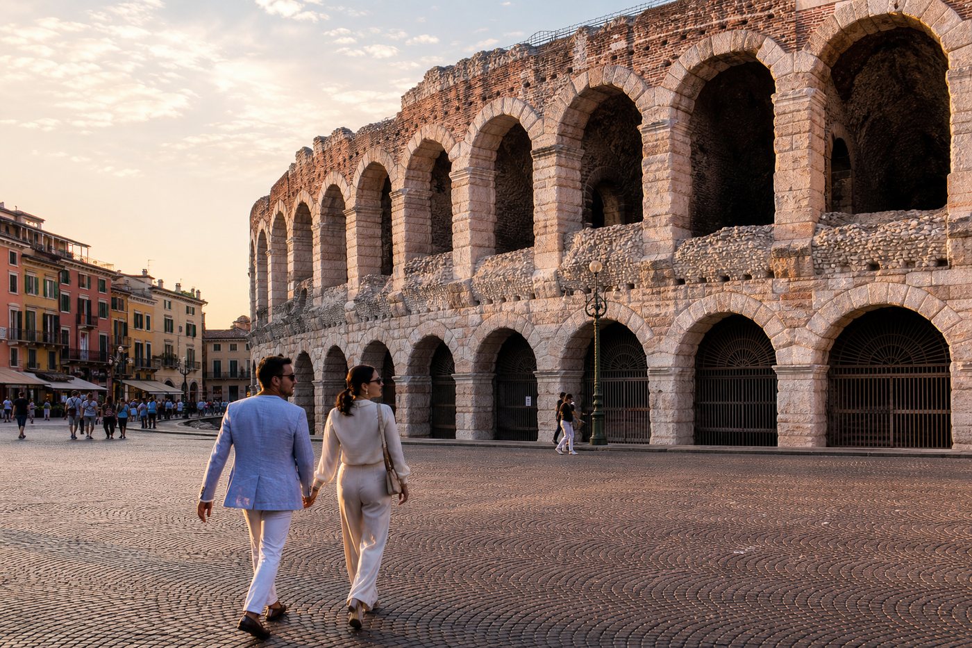 Elegant travelers beside Verona Arena in Piazza Bra