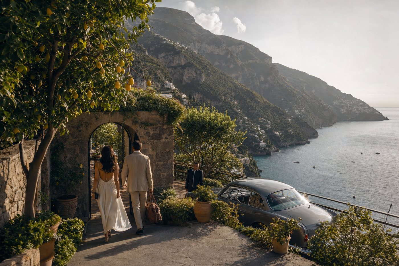 Amalfi Coast lemon groves and coastal arrival