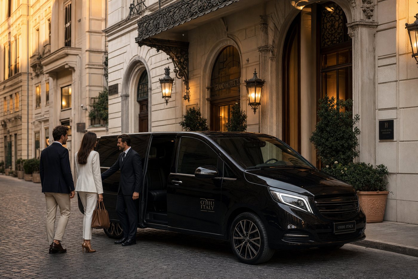 Black luxury Mercedes van with OHH! Italy concierge outside an Italian hotel