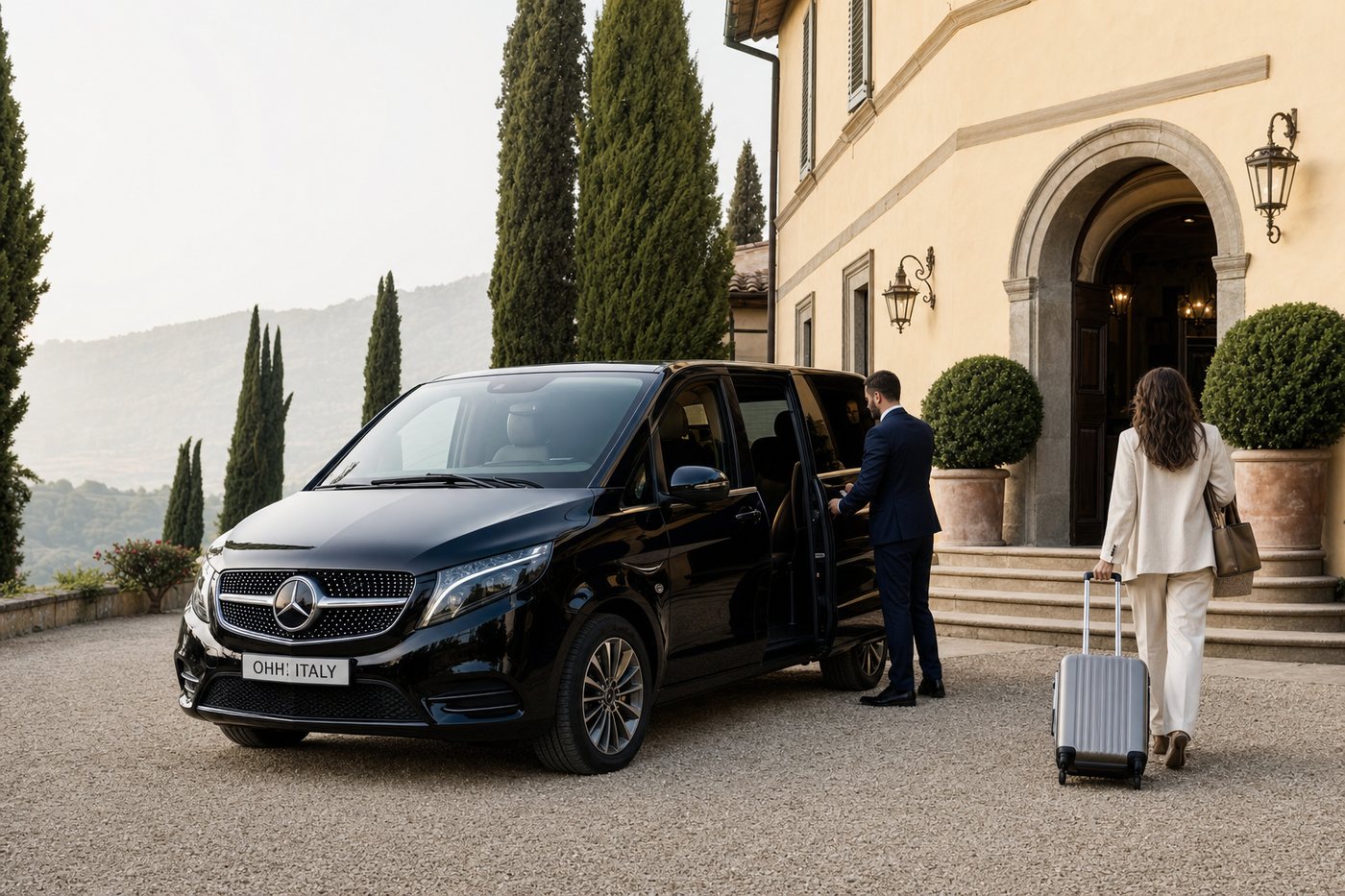 Black luxury Mercedes van with OHH! Italy plate at a Tuscan villa hotel