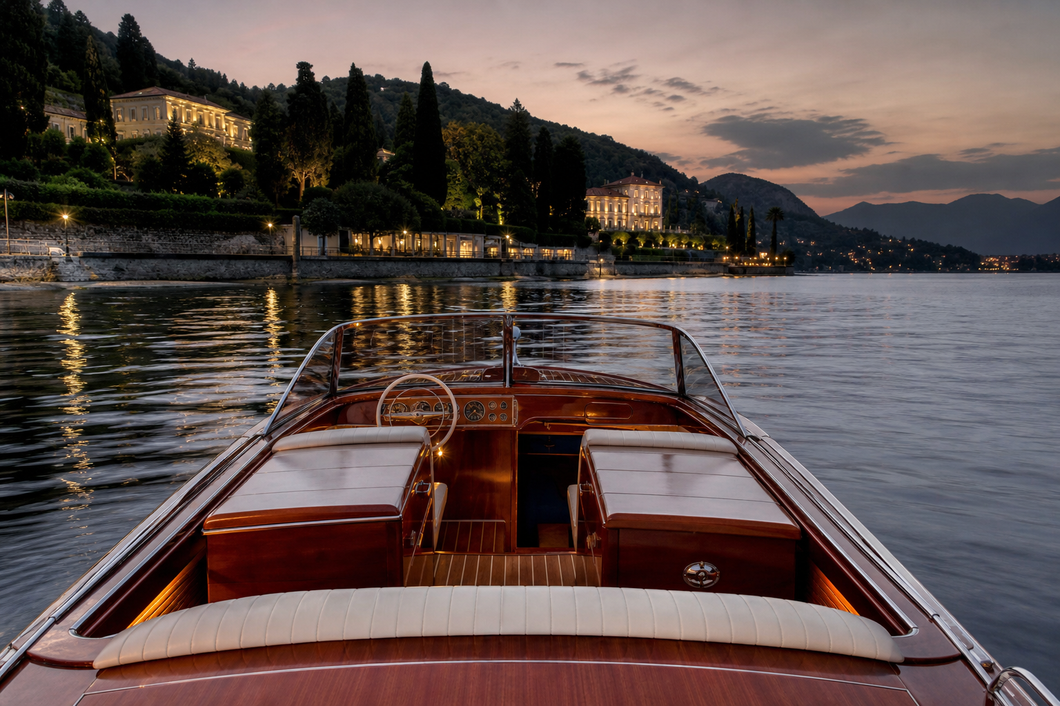 Private boat on Lake Como at dusk