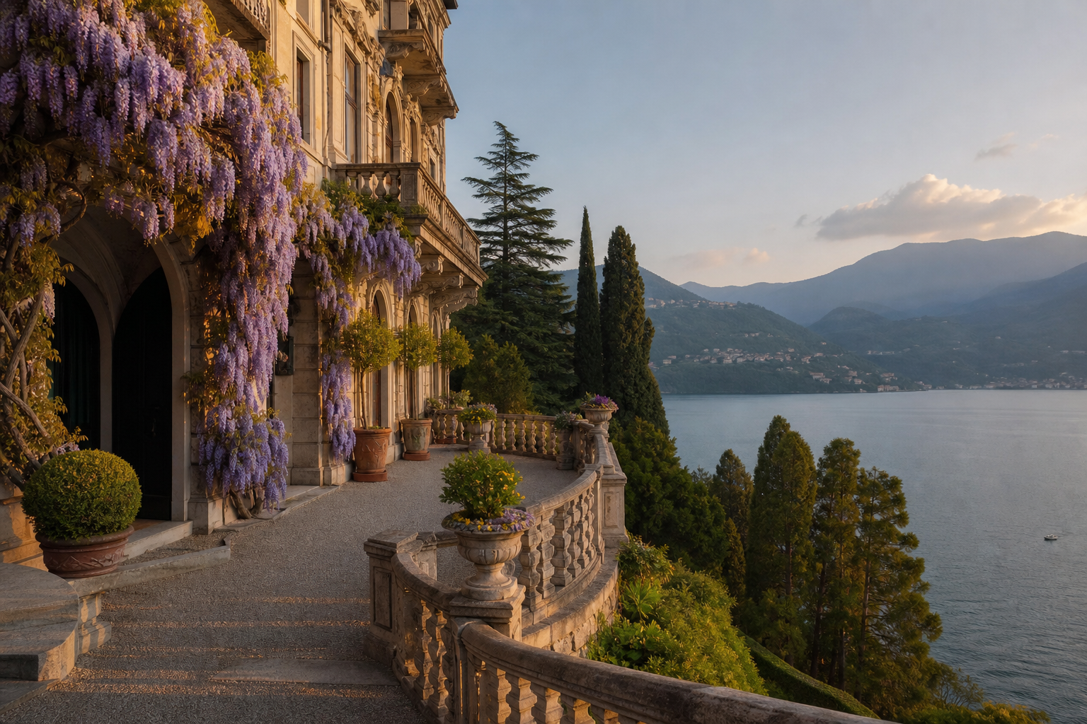 Exclusive Lake Como villa terrace at golden hour