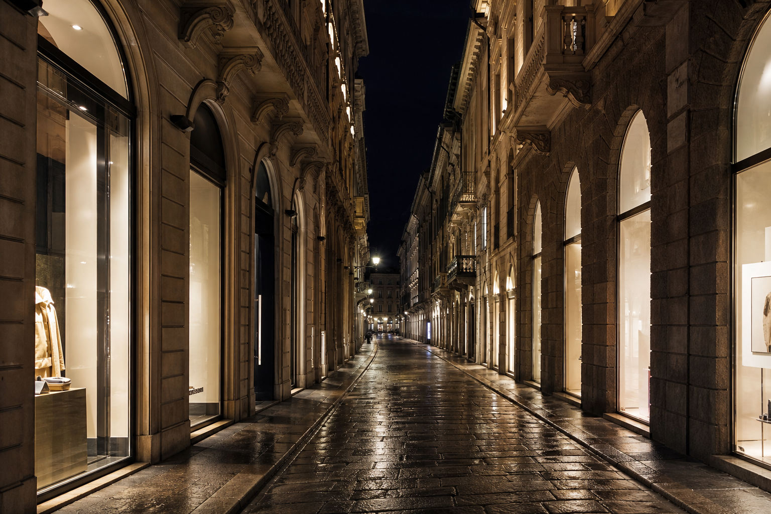 Milan Quadrilatero fashion district at night