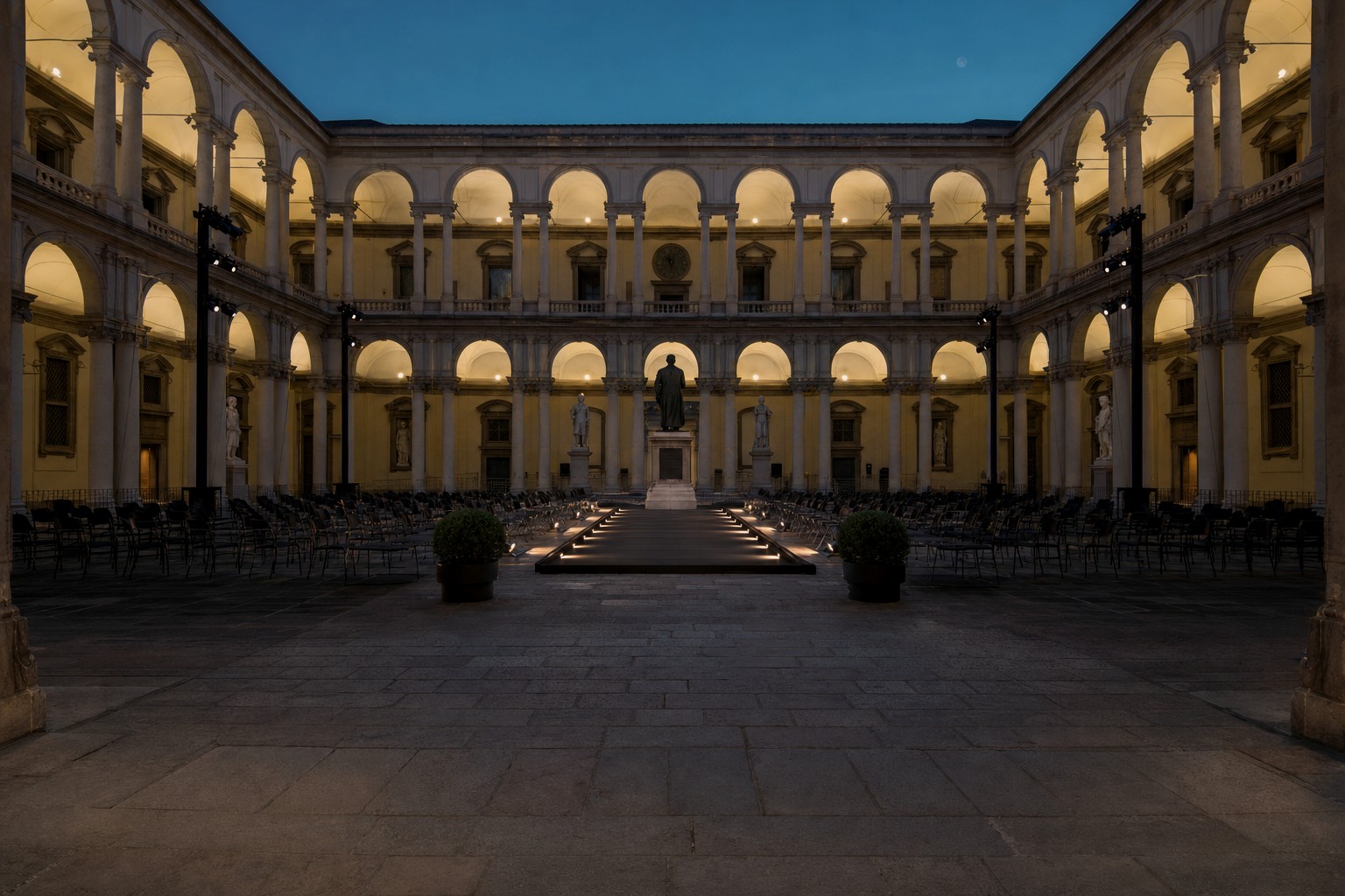 Courtyard of Accademia di Brera in Milan at dusk