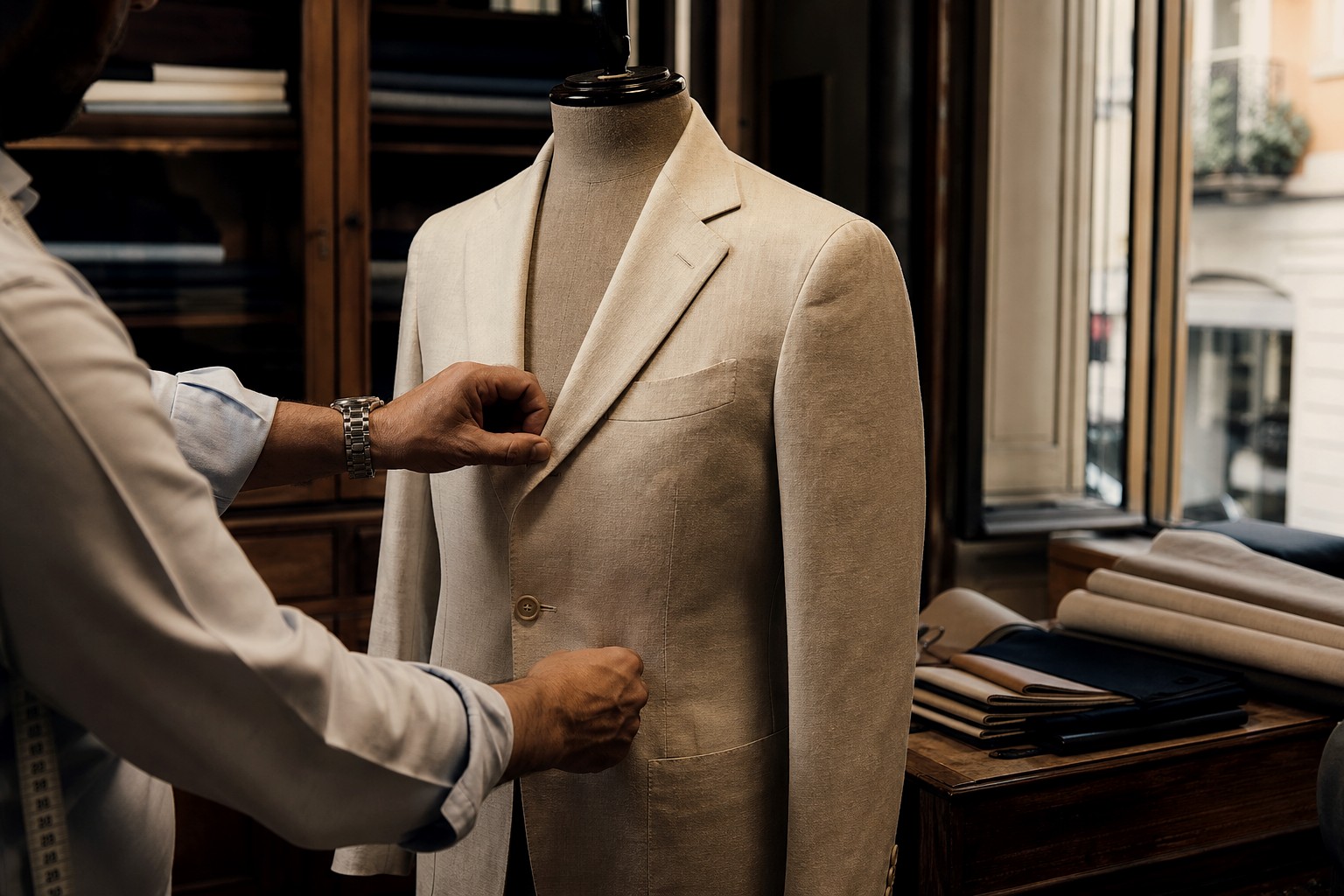 Private Milan atelier with tailor adjusting linen jacket in Brera