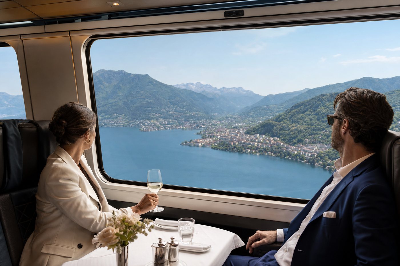 First-class rail from Lugano toward Zurich with alpine lake scenery