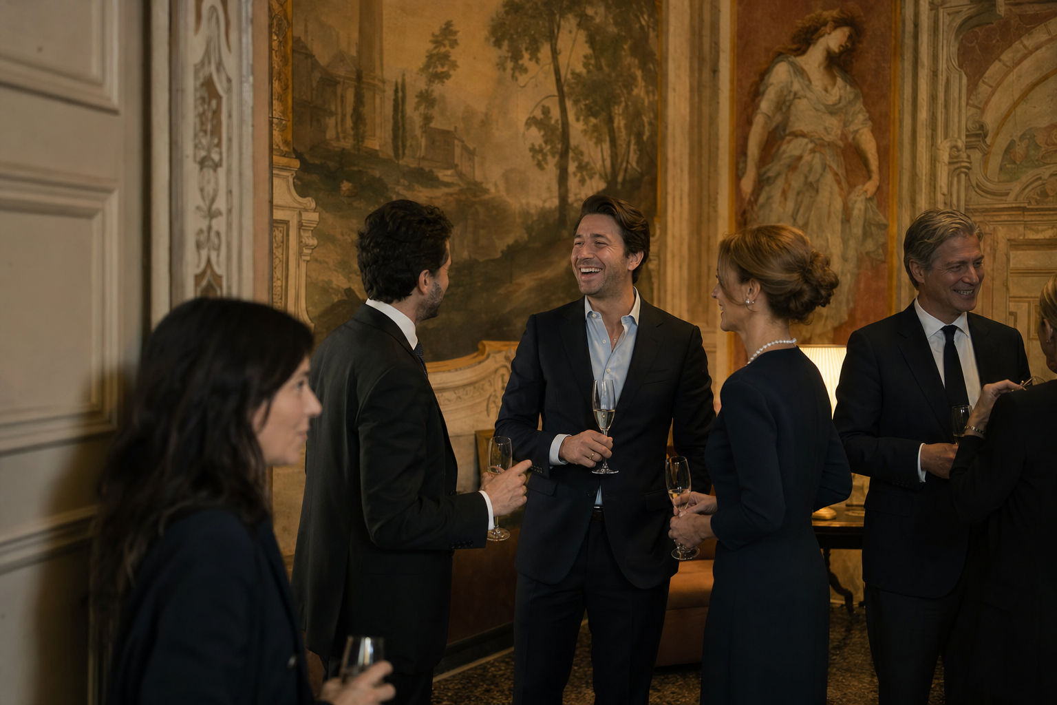 Closed-door private palazzo access with elegant guests in Italy