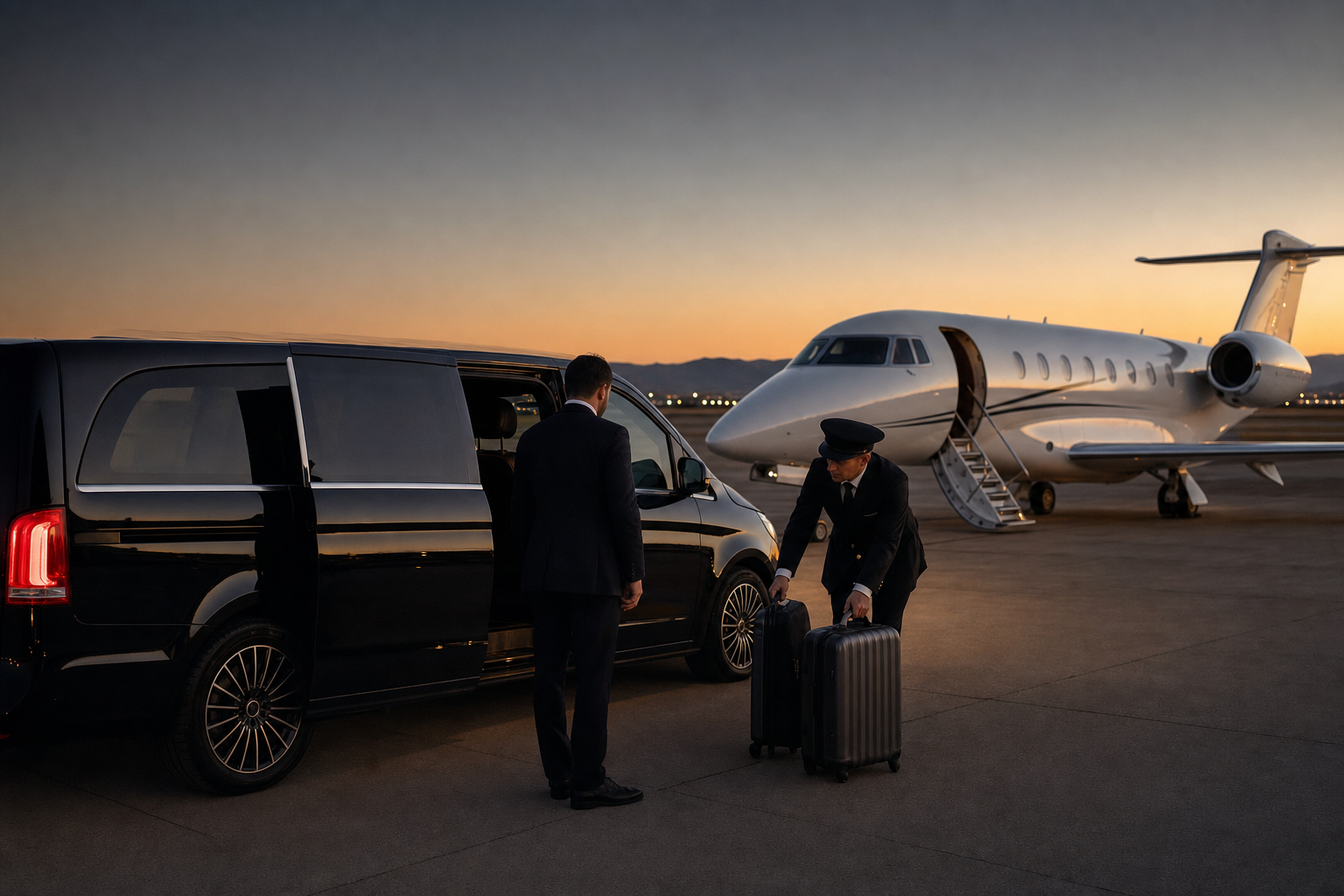 Private jet arrival with black van and discreet concierge coordination in Italy