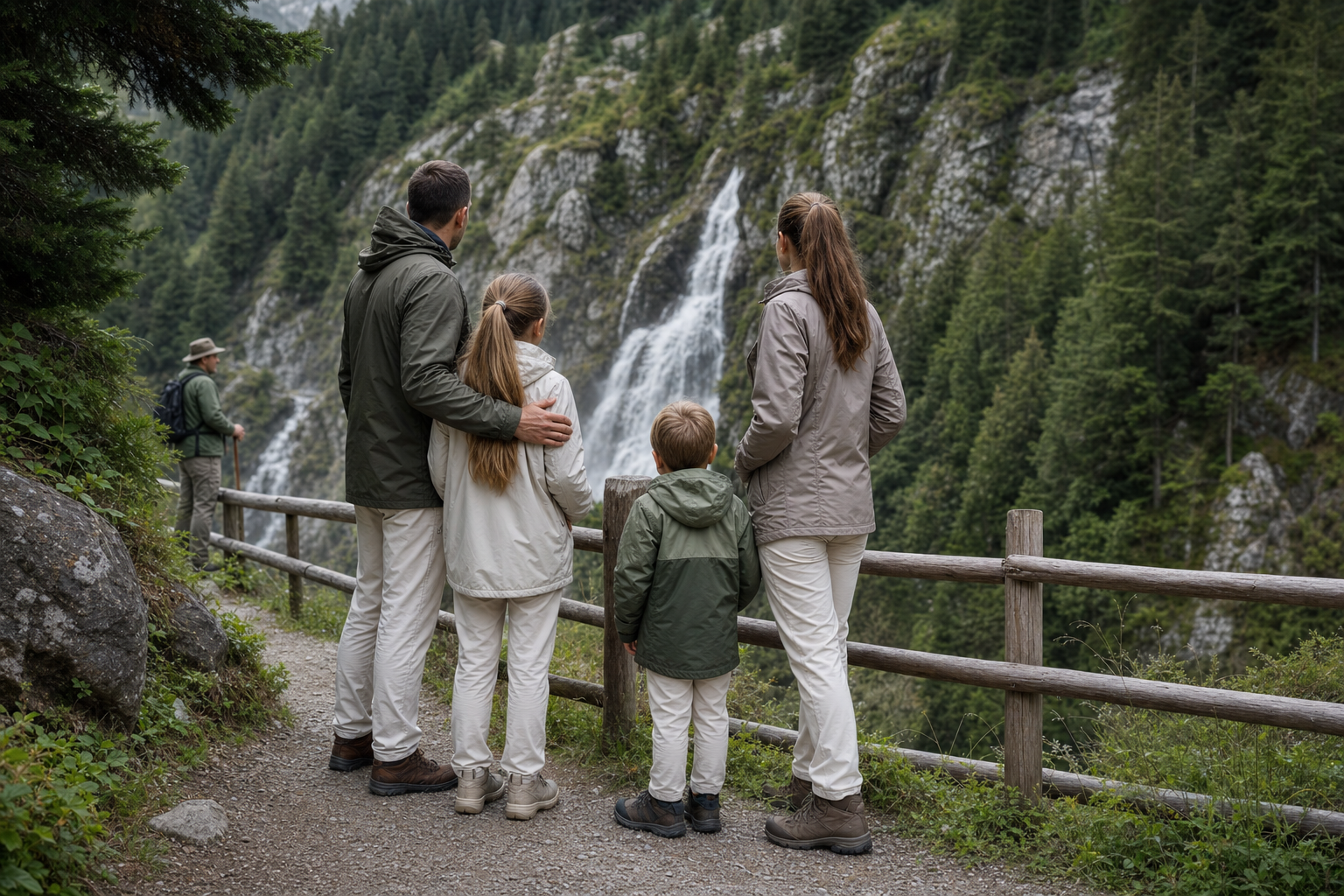 Family watching a waterfall in Racines near Bolzano