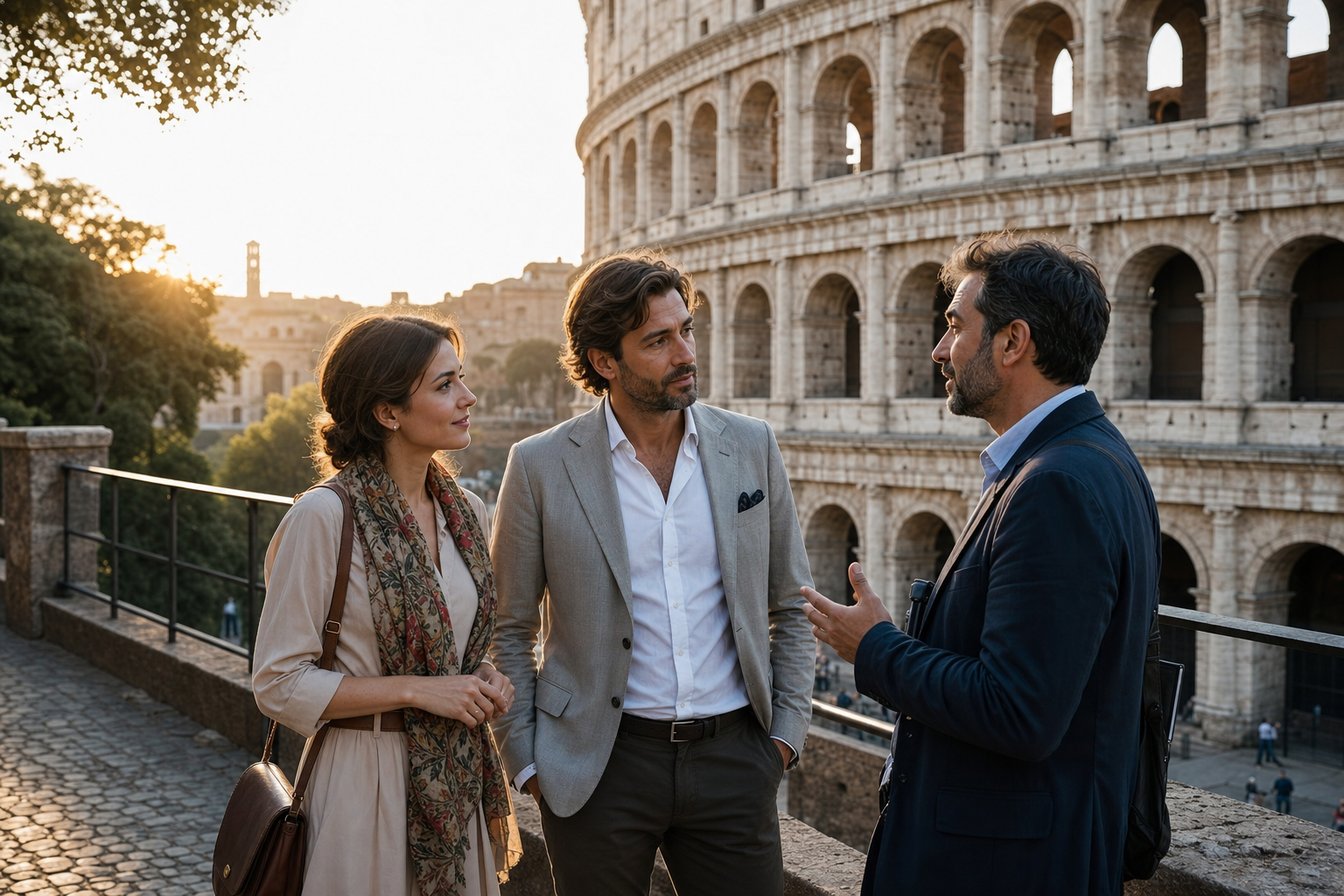 Private guide with elegant guests near the Colosseum at golden hour