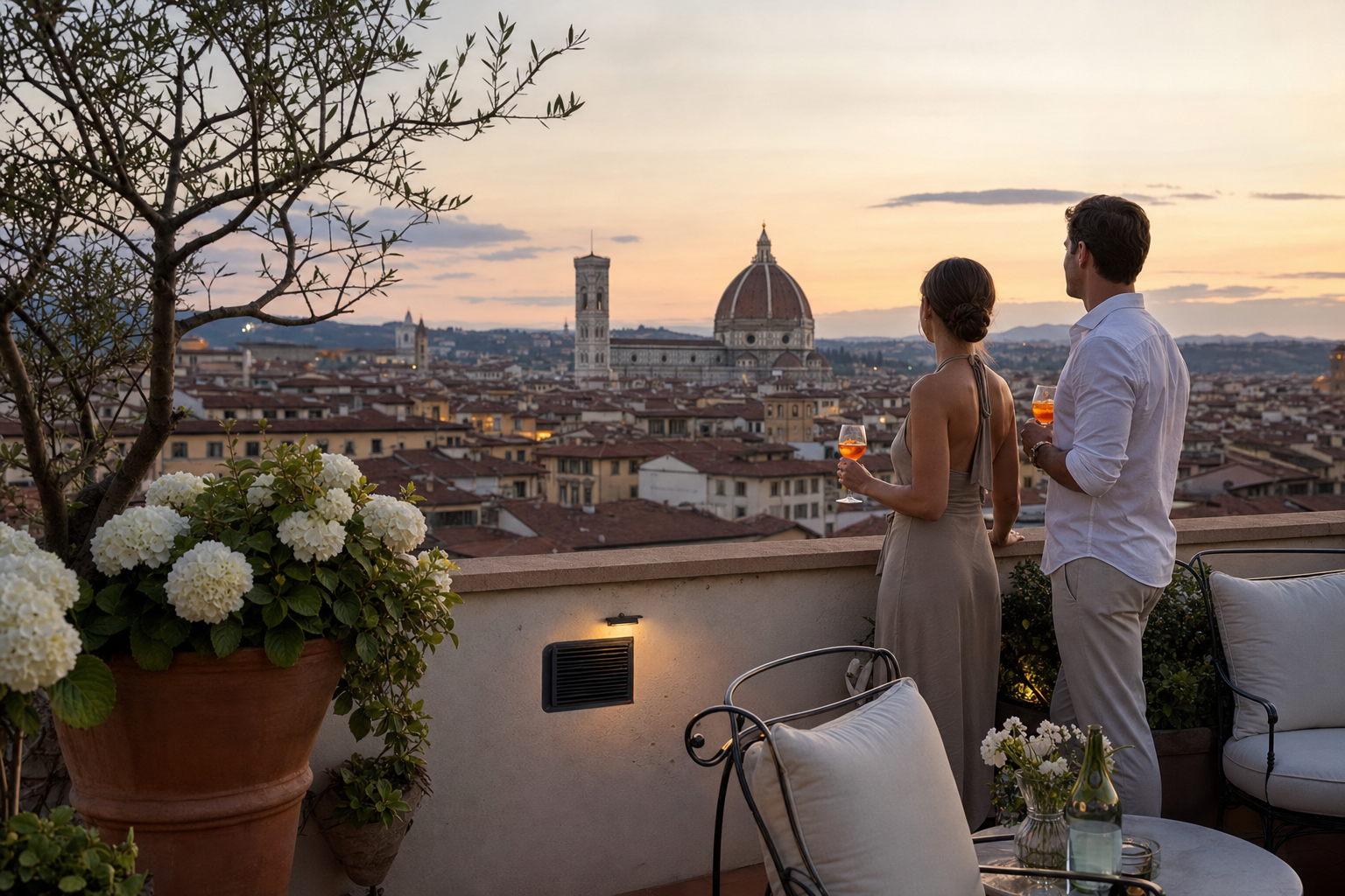 Florence Duomo skyline from a private rooftop terrace at sunset
