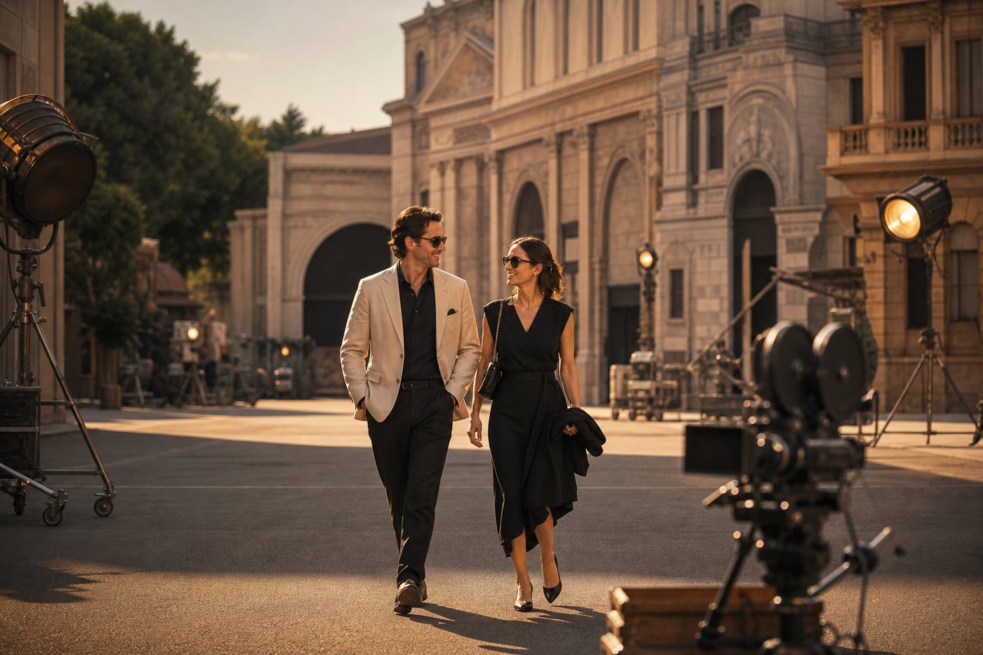 Elegant couple walking through Cinecitta film studios in Rome
