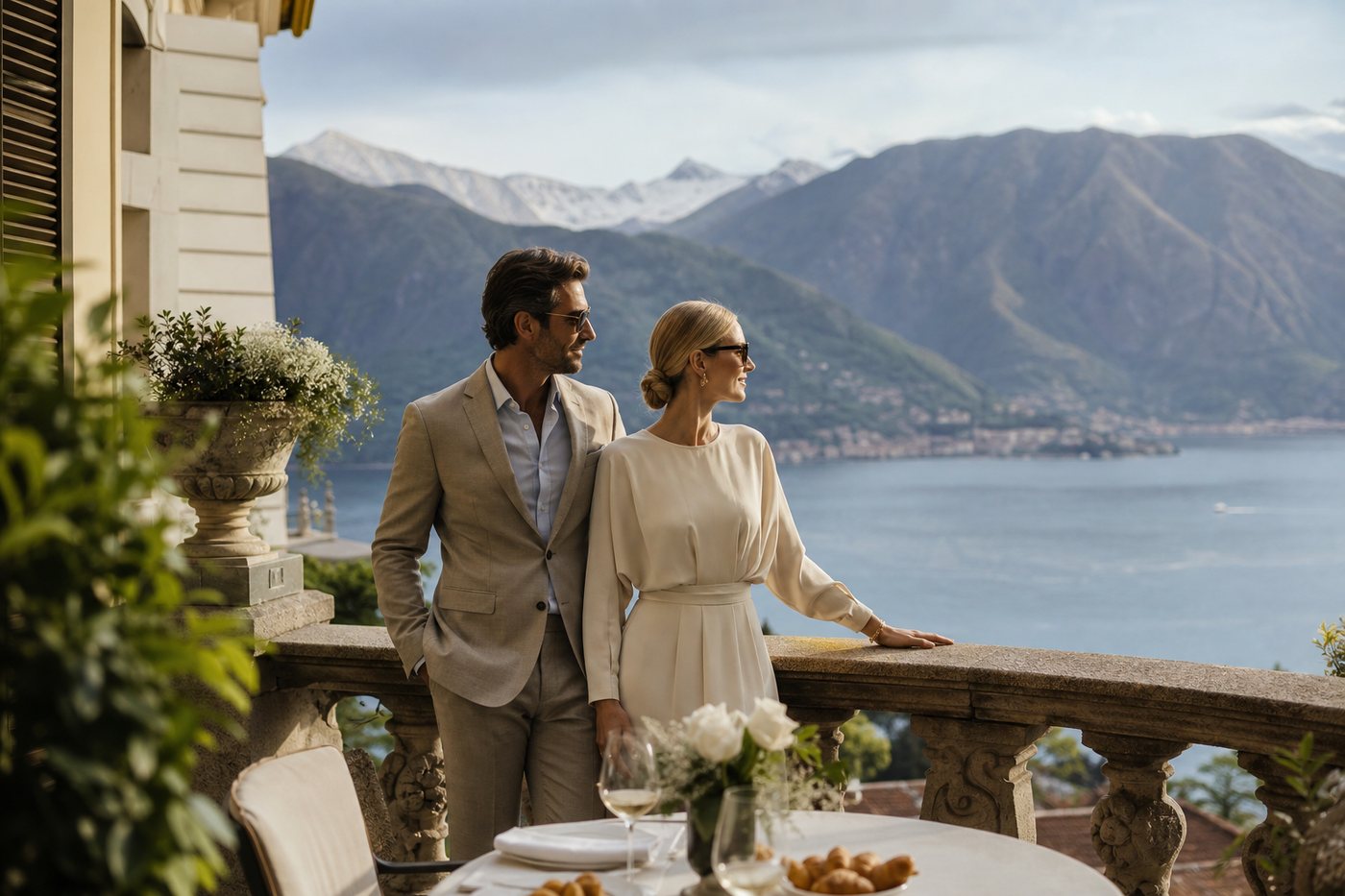 Elegant couple overlooking Lake Como and the Alps