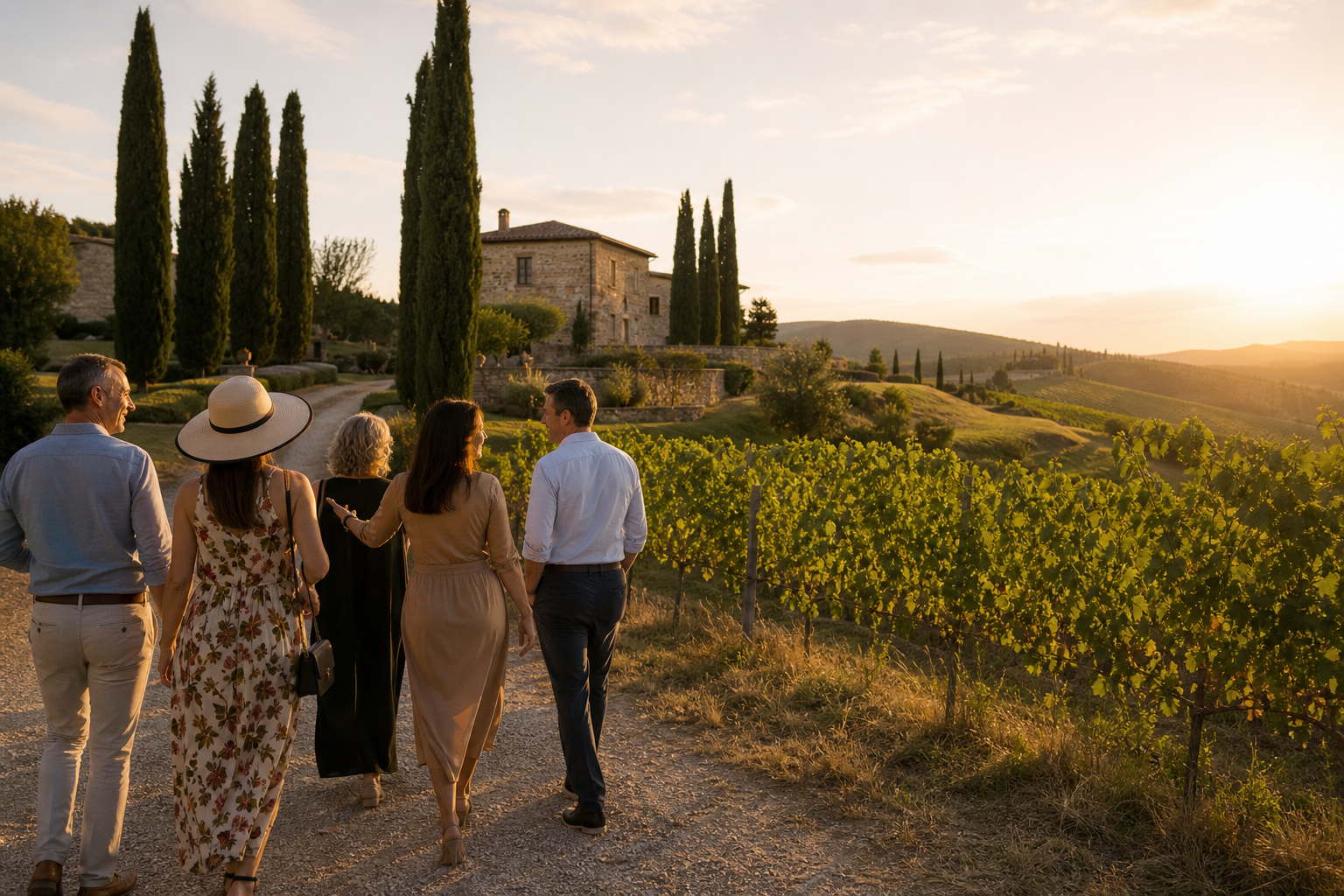 Elegant guests walking through a private Chianti wine estate at golden hour