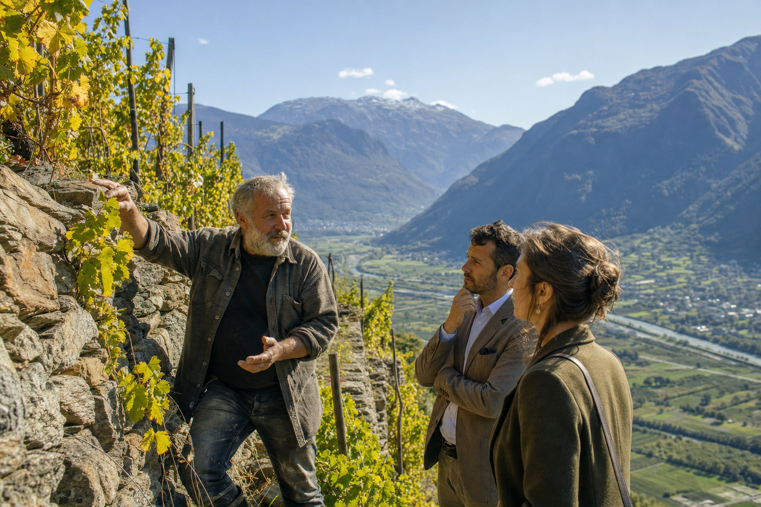 Wine grower explaining Valtellina dry-stone vineyard walls