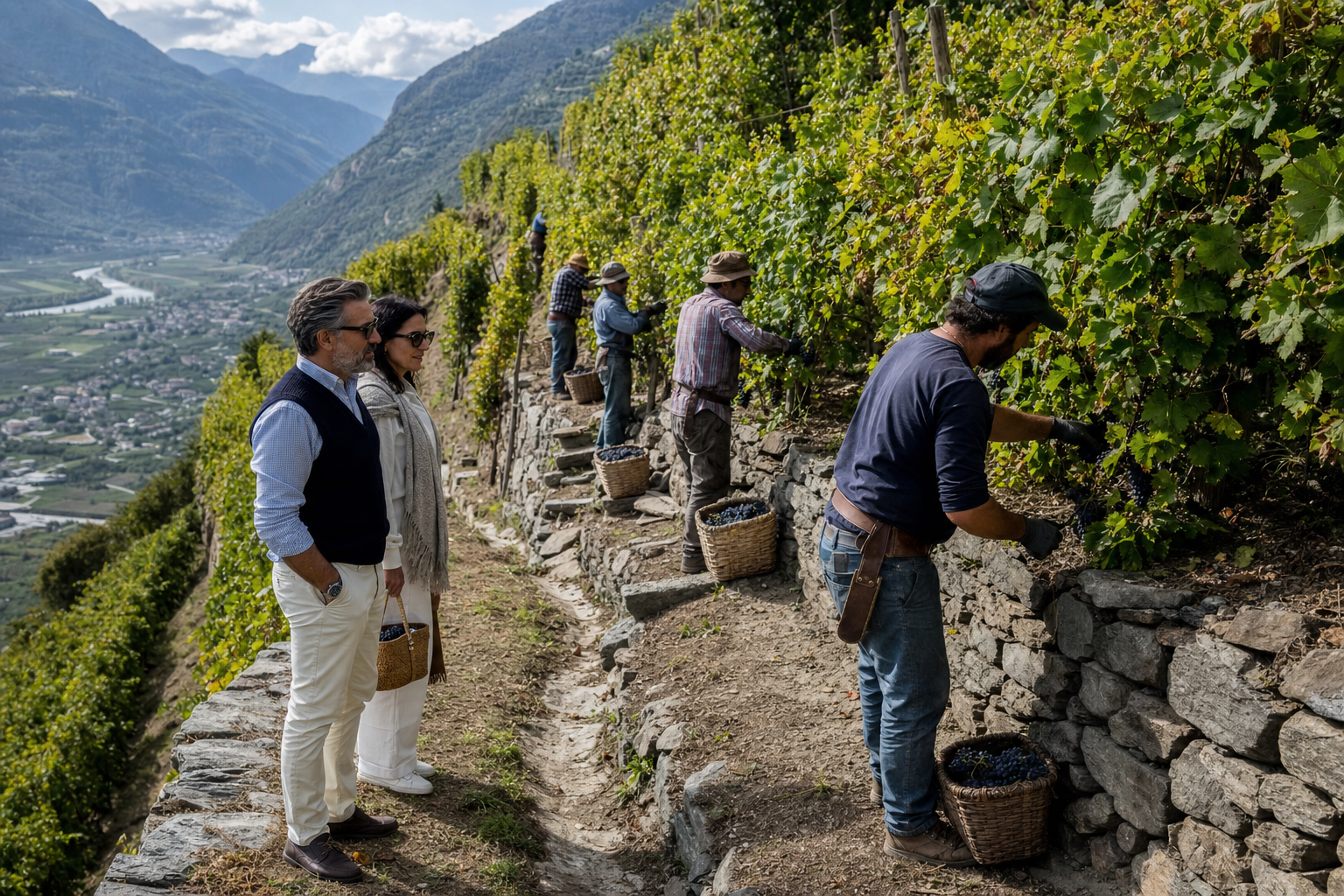 Hand harvest on steep Valtellina vineyard terraces