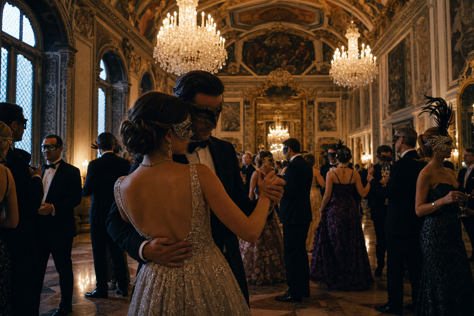 Masked couples dancing in a private palazzo ballroom