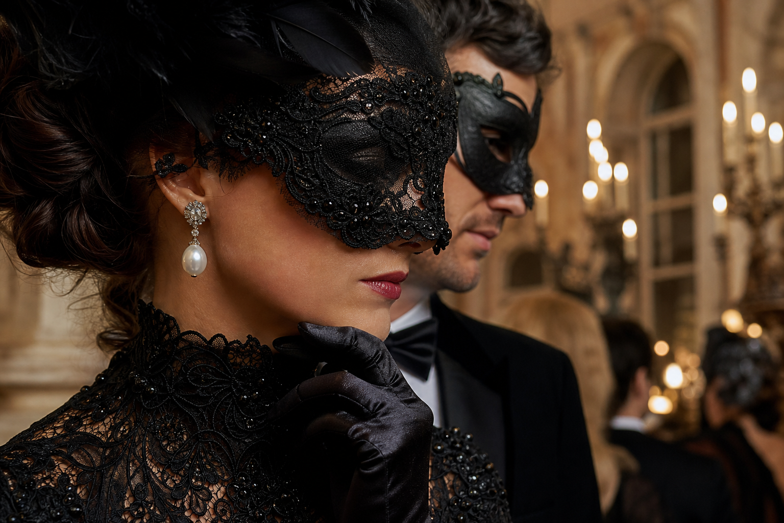 Couture masks and black tie details in Venice