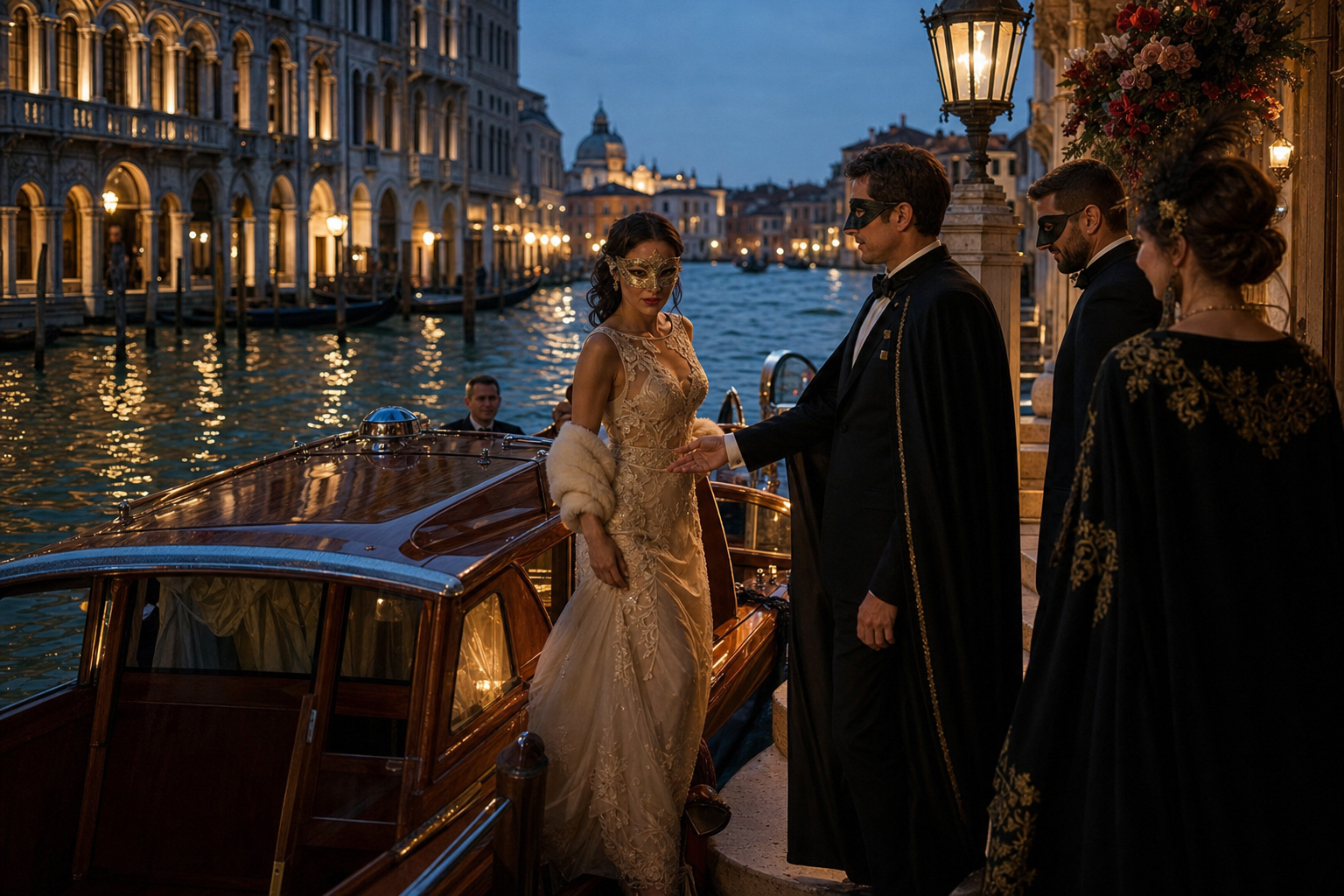 Masked guests arriving by water taxi on the Grand Canal