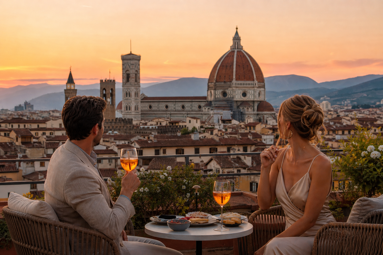 Florence rooftop evening overlooking the Duomo