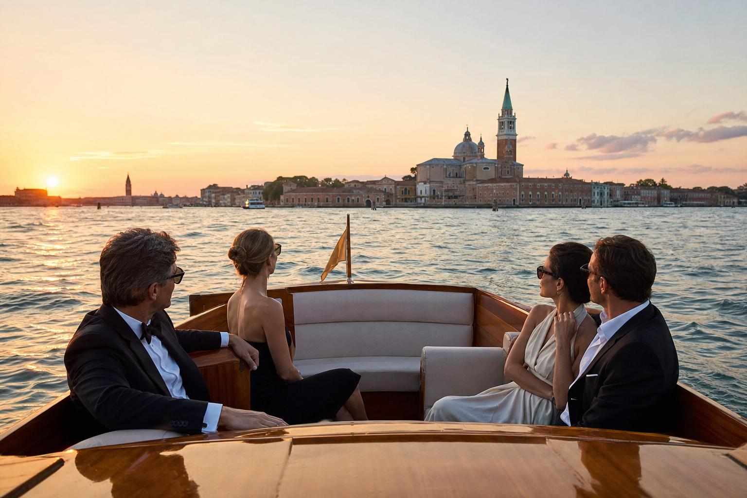 Private wooden boat crossing the Venetian lagoon at sunset