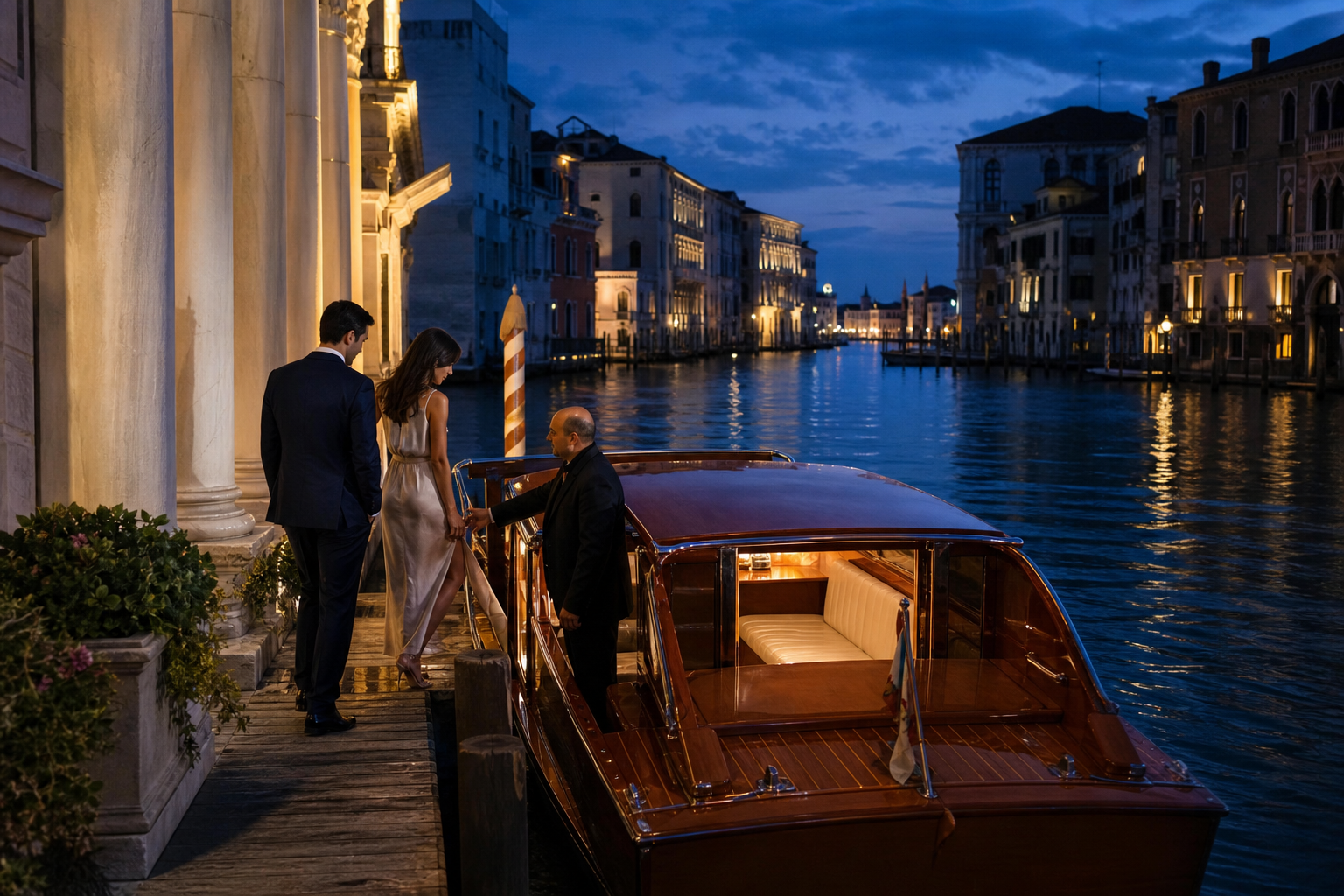 Classic Venetian water taxi at blue hour for a private evening arrival