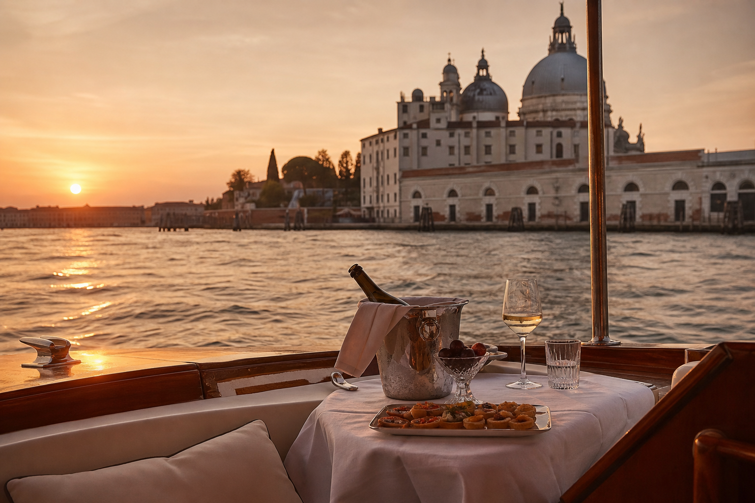 Private aperitivo by boat in the Venice lagoon at sunset
