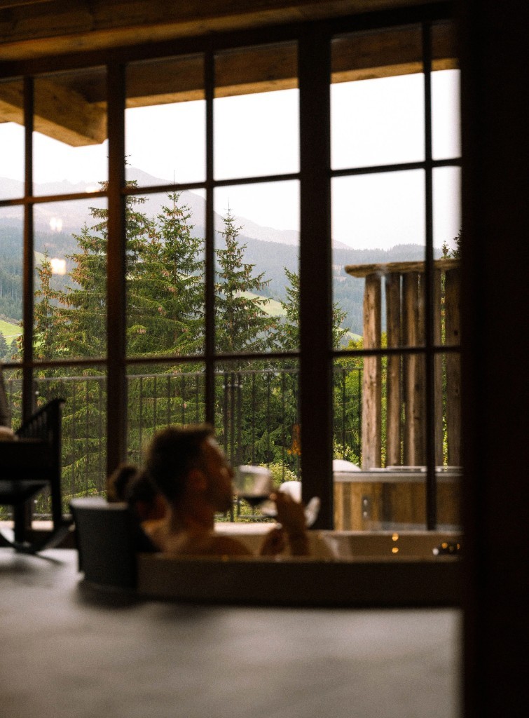 Private bath with mountain view through the window