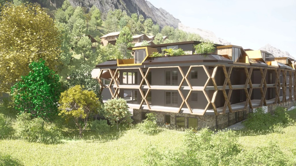 Alpura main building · hexagonal timber lattice and alpine hillside