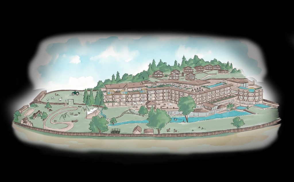 Alpura Retreat · illustrated site overview with main house, chalets, meadows and pools