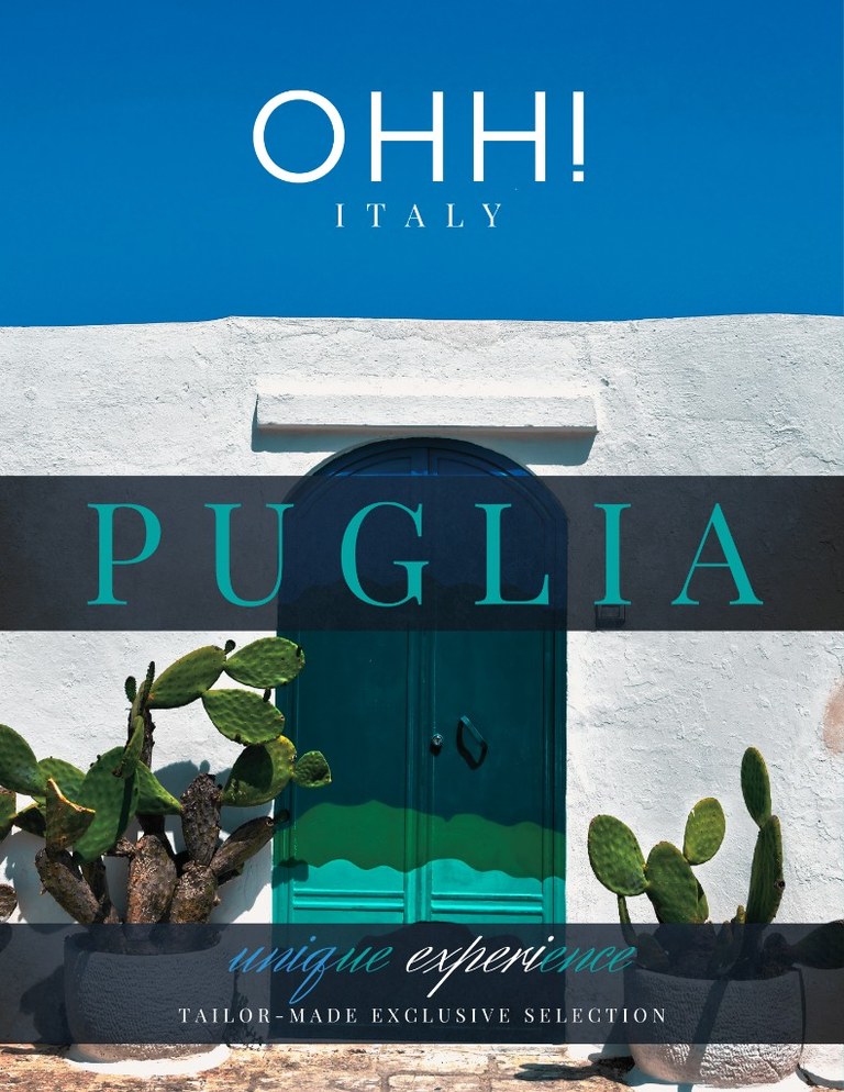 Puglia Unique Experience cover: whitewashed courtyard, teal door and prickly pear by OHH! ITALY