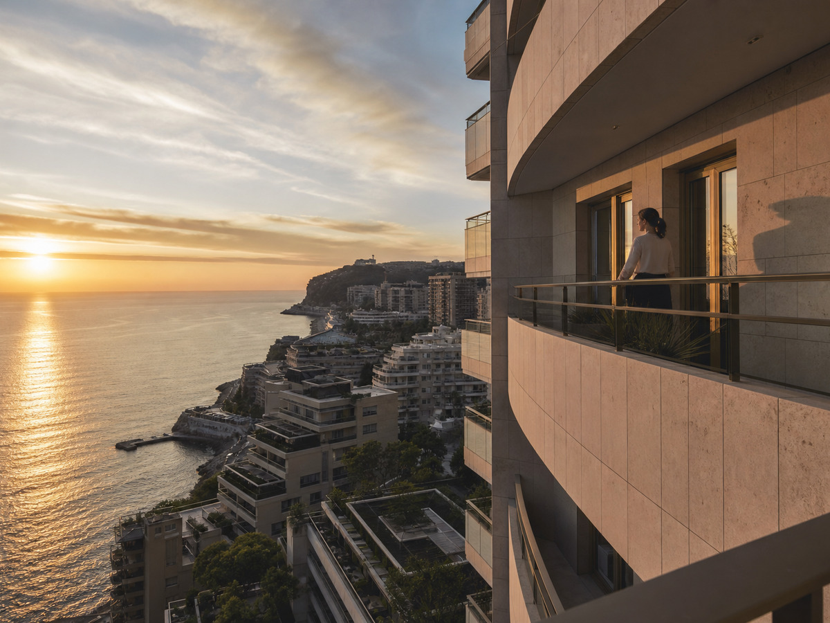 Terraced architecture above the Mediterranean at evening light — editorial visual of Monaco