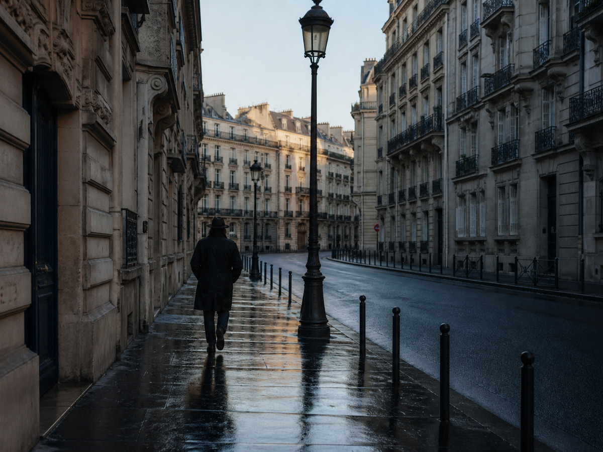 Quiet Haussmann stone street in Paris at early morning, with a lone figure walking away