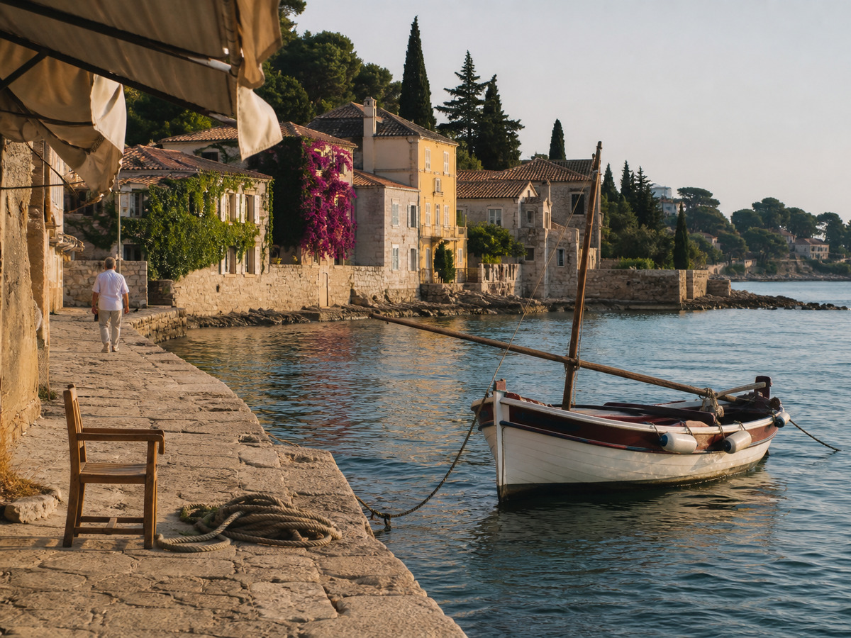 Stone harbour edge and small boat on the French Mediterranean coast at late-afternoon light