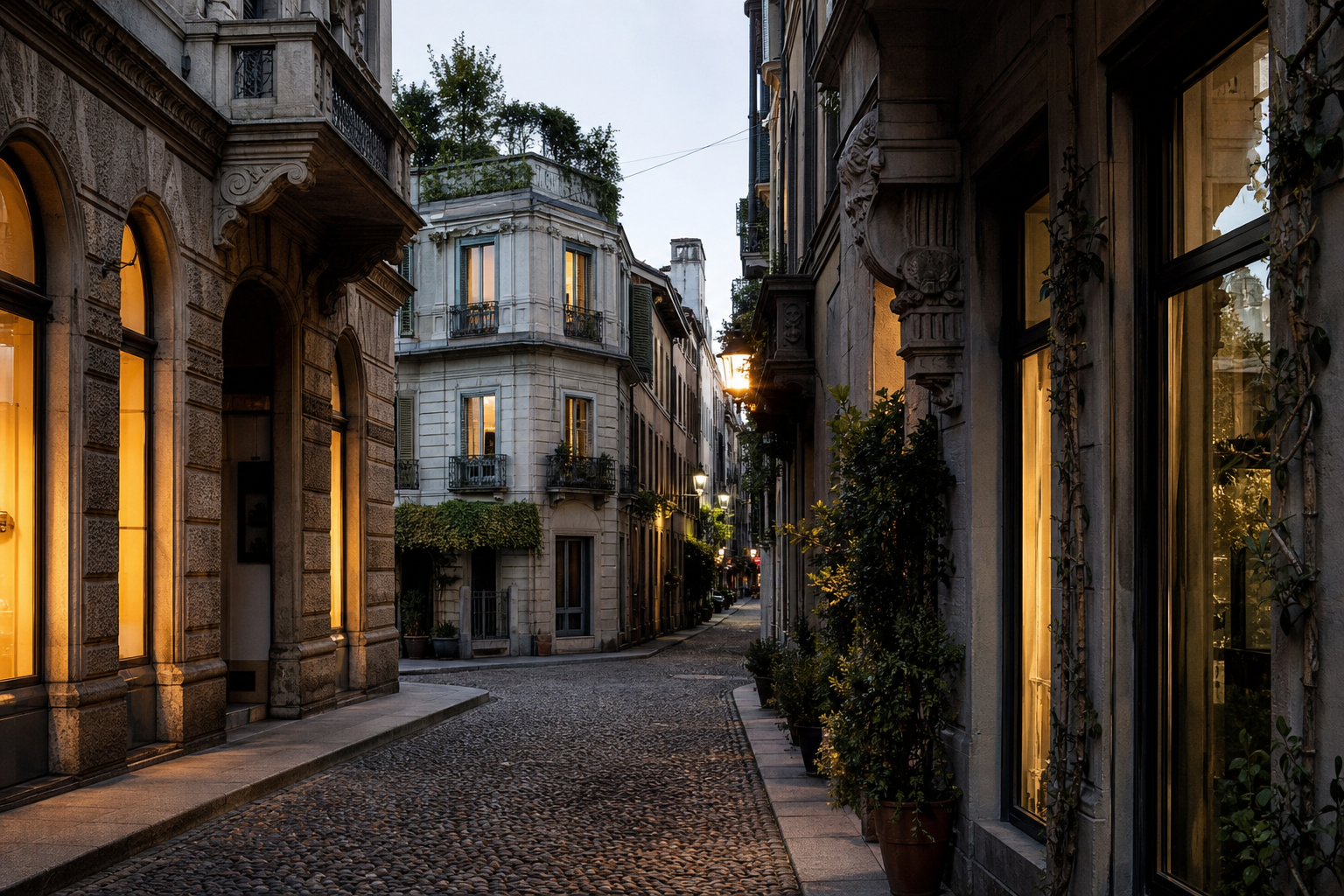 Historic Milan lane at early evening with warm window light — editorial urban chapter