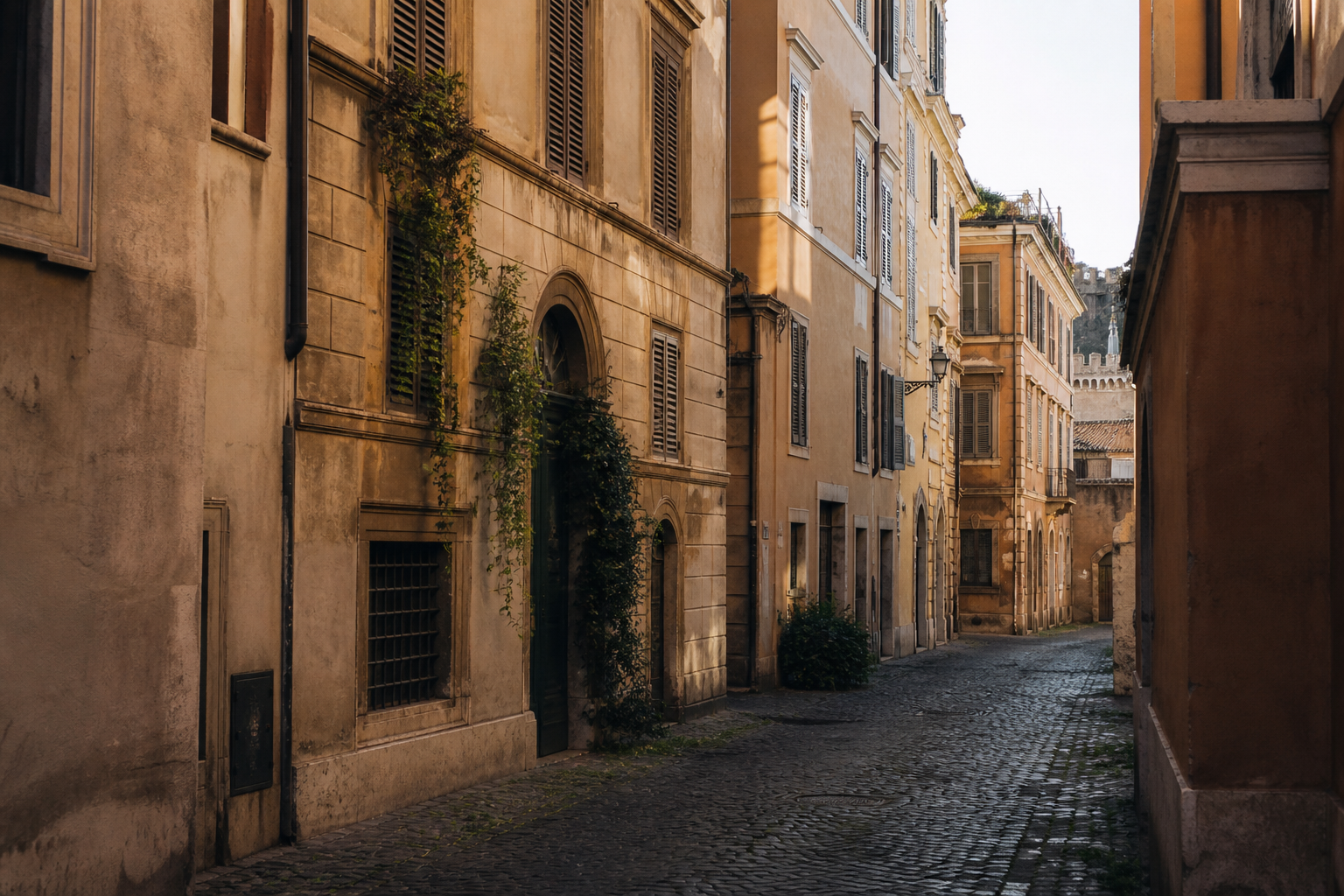 Warm stone Roman lane with shutters and climbing ivy — private travel atmosphere in Rome