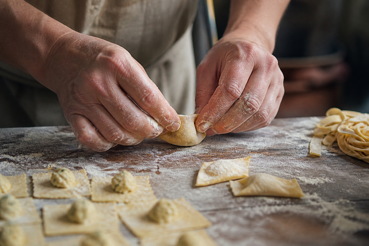 Hands shaping fresh pasta on a wooden board in a rustic Tuscan kitchen — editorial visual
