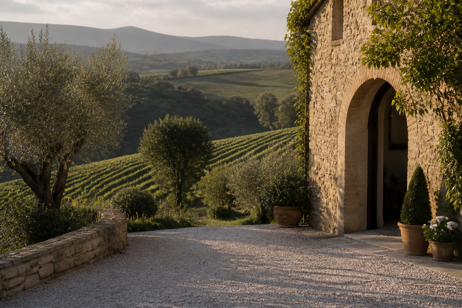 Private stone residence in the Tuscan countryside overlooking vineyards at late afternoon