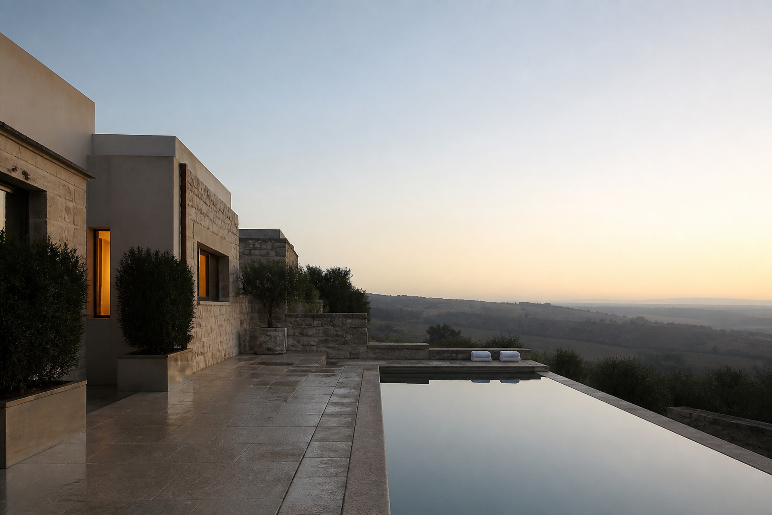 Quiet Italian hospitality property and pool at first light